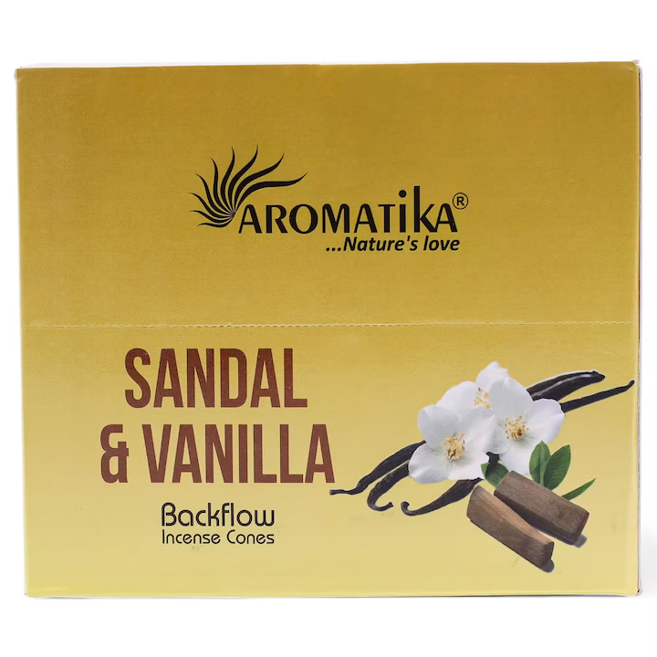 Set of 10 scented backflow incense cones with sandalwood and vanilla from Ancient Wisdom, featuring flowing smoke and wooden aroma.