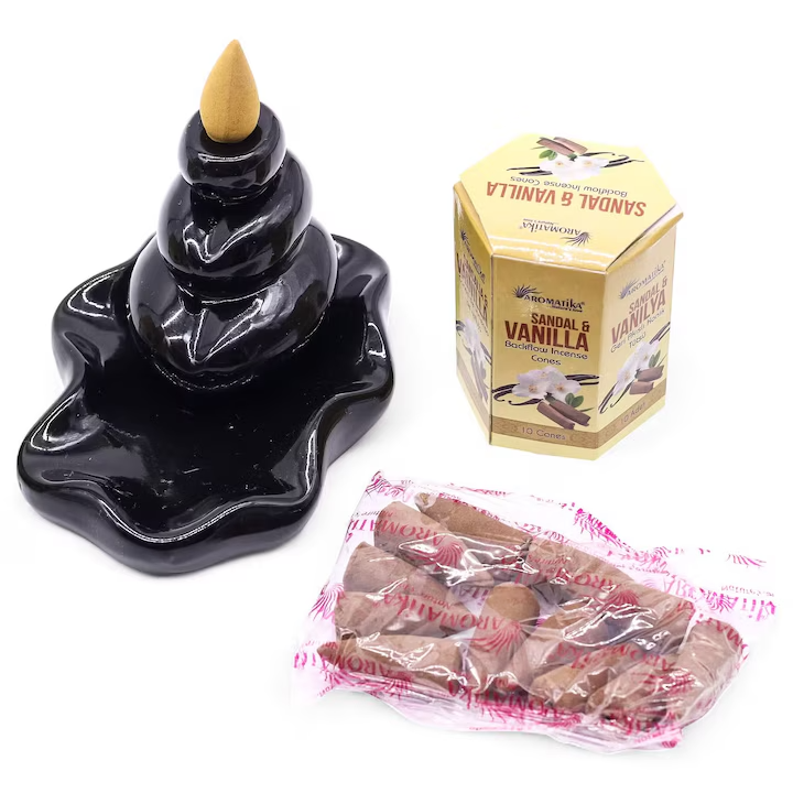 Set of 10 scented backflow cones from Ancient Wisdom with sandalwood and vanilla, featuring flowing smoke and wooden aroma.