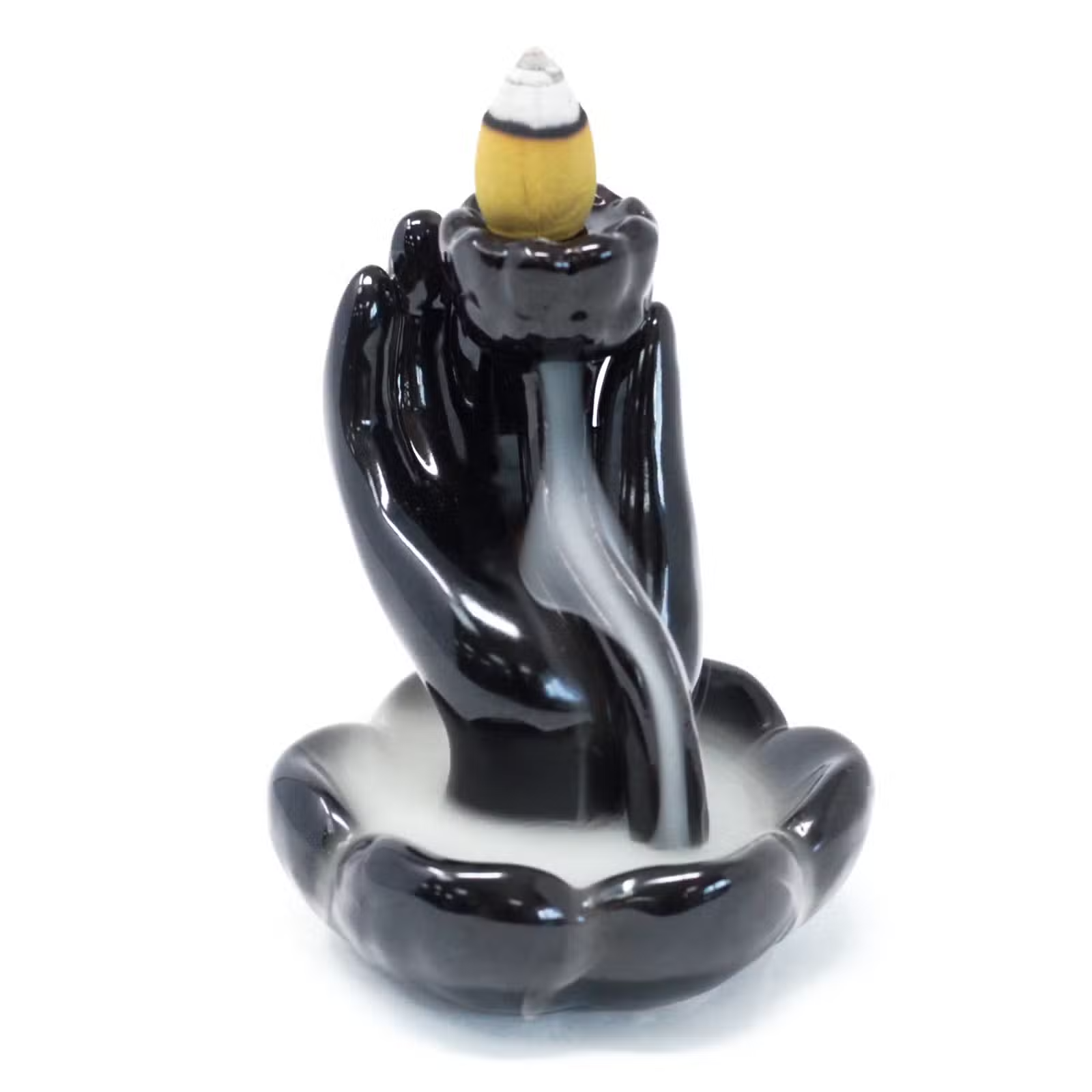 Suport pentru Conuri Parfumate Fum Curgător din Ceramică - Mână și Floare de Lotus