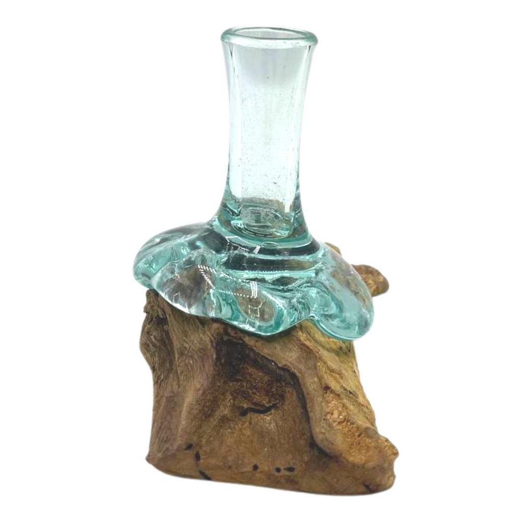 Small decorative glass vase from Ancient Wisdom with melted glass design on natural wood base, ideal for elegant home decor.