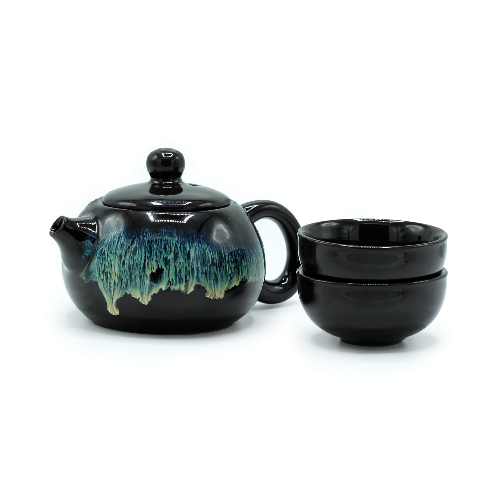 Set de Ceai din Ceramică cu Glazură Neagră - Ceainic și Două Cești