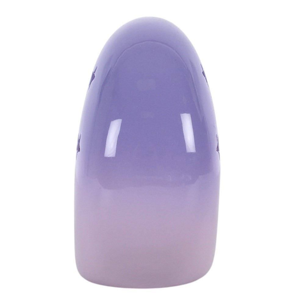 Vedere laterală a arzătorului pentru ulei parfumat Semilună mov pastel, cu bol metalic auriu suspendat